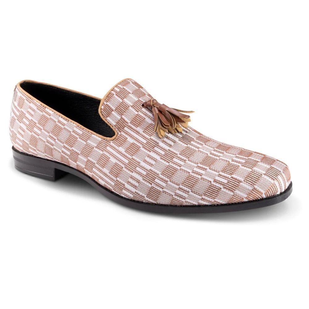 MEN'S MONTIQUE COGNAC PRINTED ABSTRACT CHECKERED TASEL LOAFER FASHION SHOE.S2357